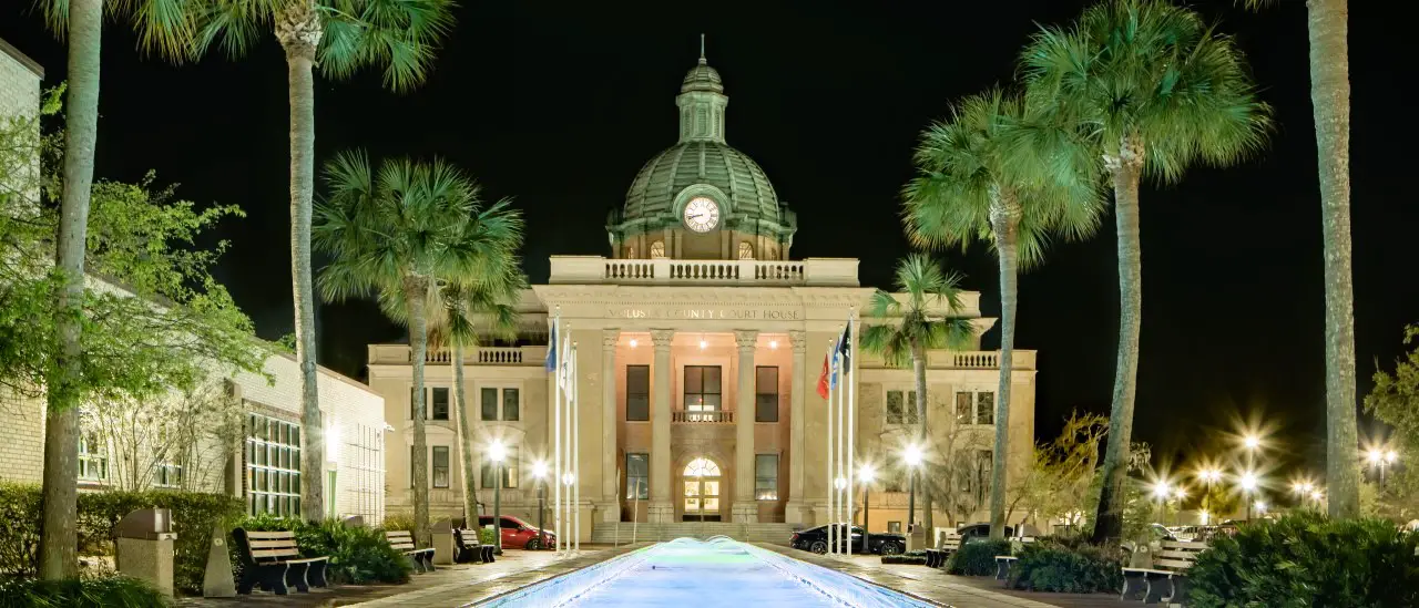 Volusia County Courthouse exterior at night